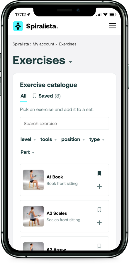 The exercise catalogue on a phone